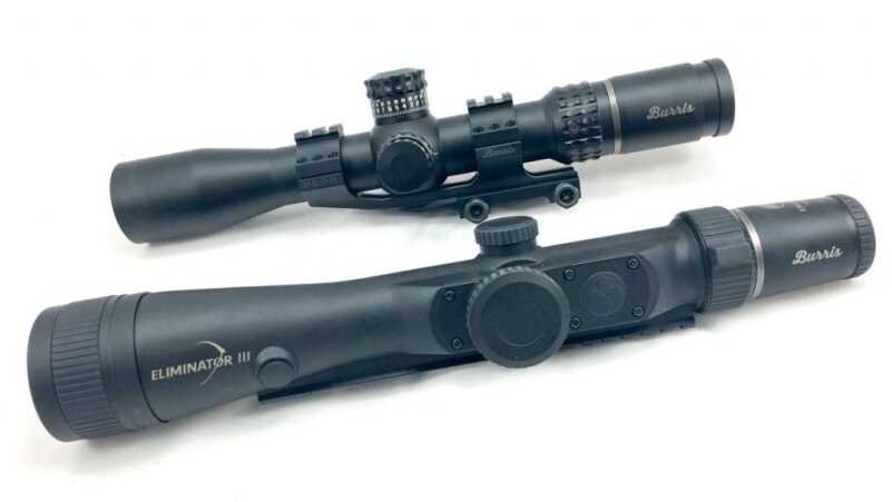 To find range to your target, you could make use of technology and use a scope with integrated laser rangefinder like the Burris Eliminator (bottom.) Or, with some basic math, you can use a scope with a graduated mil-dot or MOA reticle like the Burris Veracity (top.)