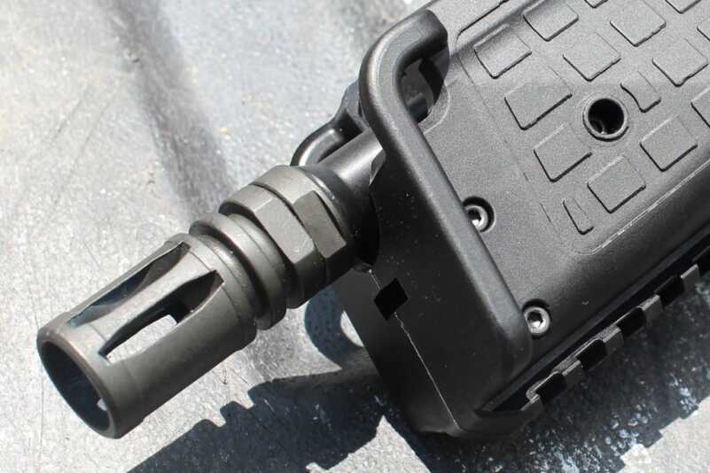 The muzzle brake and a ridge of polymer to use as a hand stop.