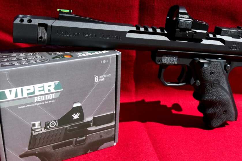 Vortex Viper 6 MOA red dot sight mounted for handgun and rimfire pistol use