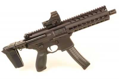 The SIG MPX 9mm is a large-frame handgun in the eyes of the BATF. The addi-tion of a Pistol Stabilizing Brace makes it the ultimate home defense