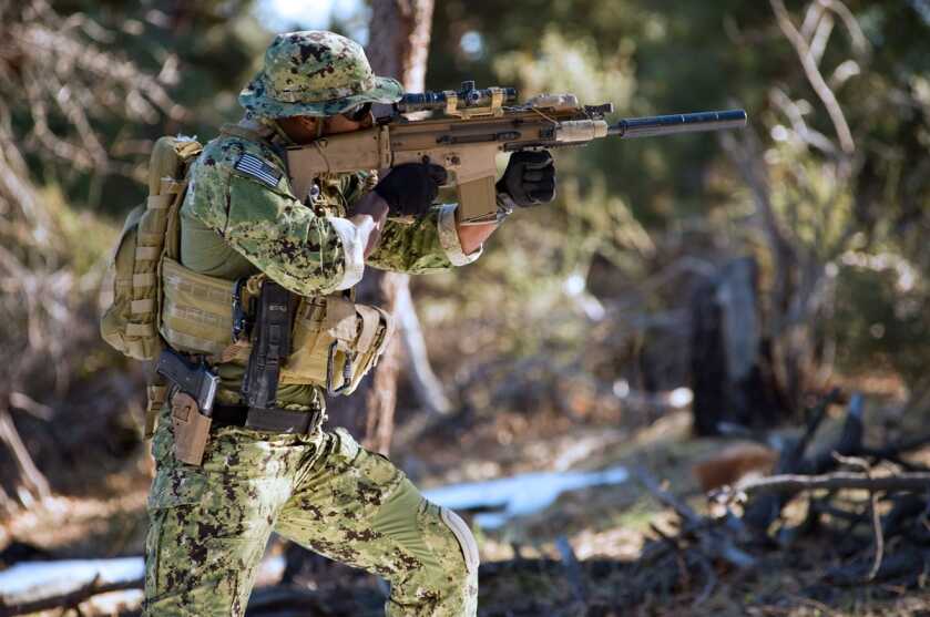 FN SCAR-H military rifle showing the heavy SCAR configuration