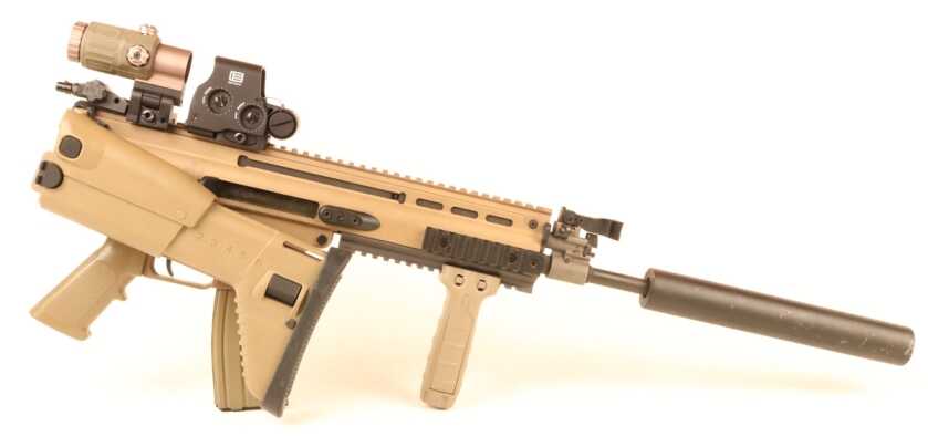 FN SCAR adjustable folding buttstock showing length and cheek-height adjustment