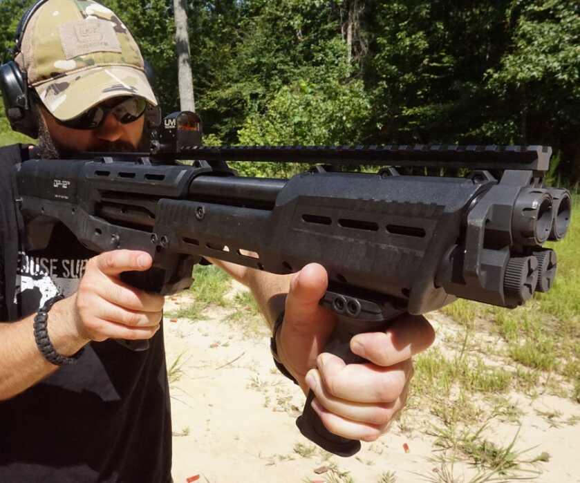 Standard Manufacturing DP-12 compact bullpup twin barrel width shown