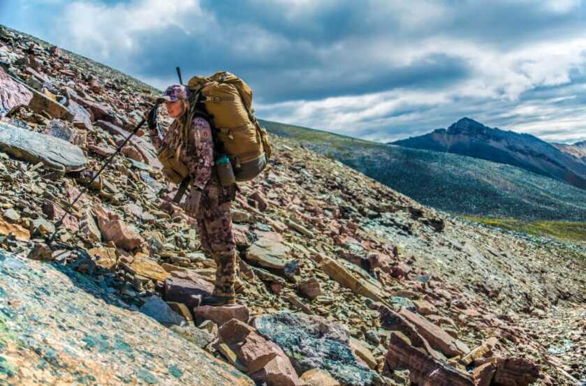 Durable rain gear for cold weather mountain hunting in rough conditions