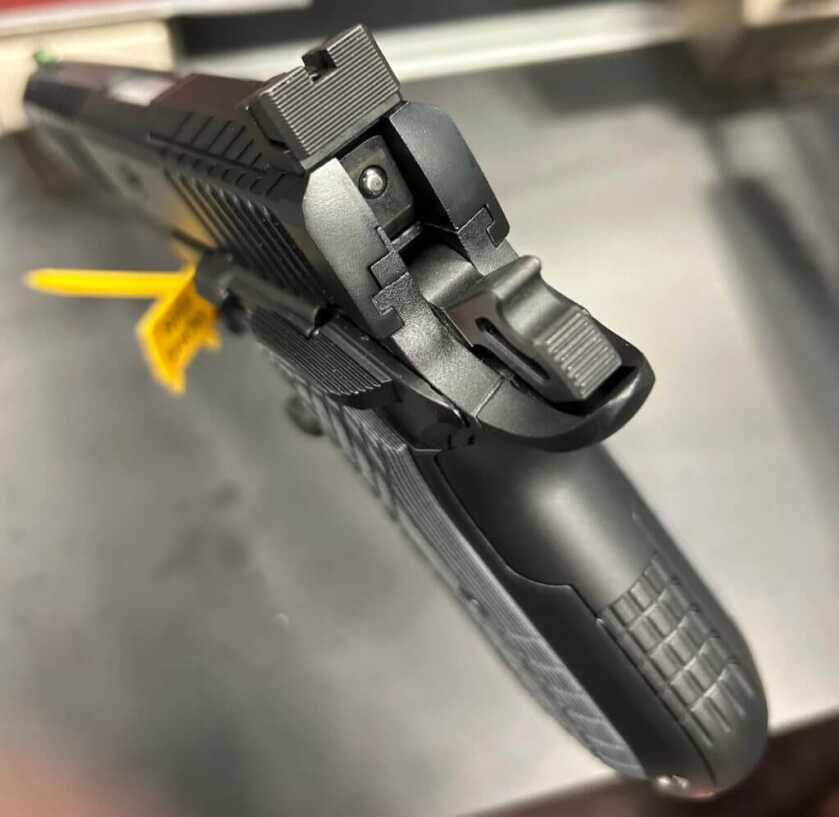 A look at the rear sight and grip of the Kimber KDS9c.
