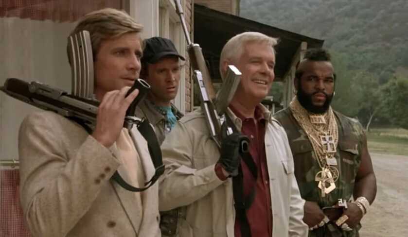 A-Team TV show cast with Ruger AC556 rifles.