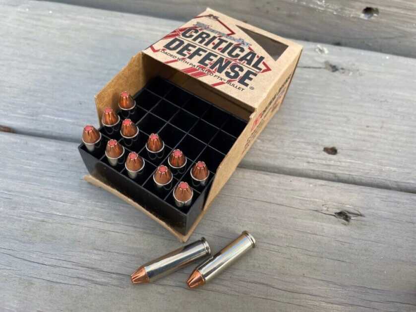 Hornady Critical Defense 80-gr. FTX bullet in 327 Federal Magnum has a muzzle velocity of 1,475 fps and 386 ft-lb of energy