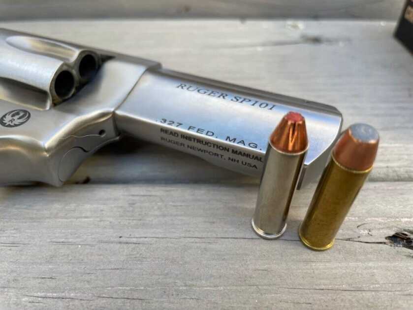 327 Federal Magnum with Ruger SP101 revolver on light wood