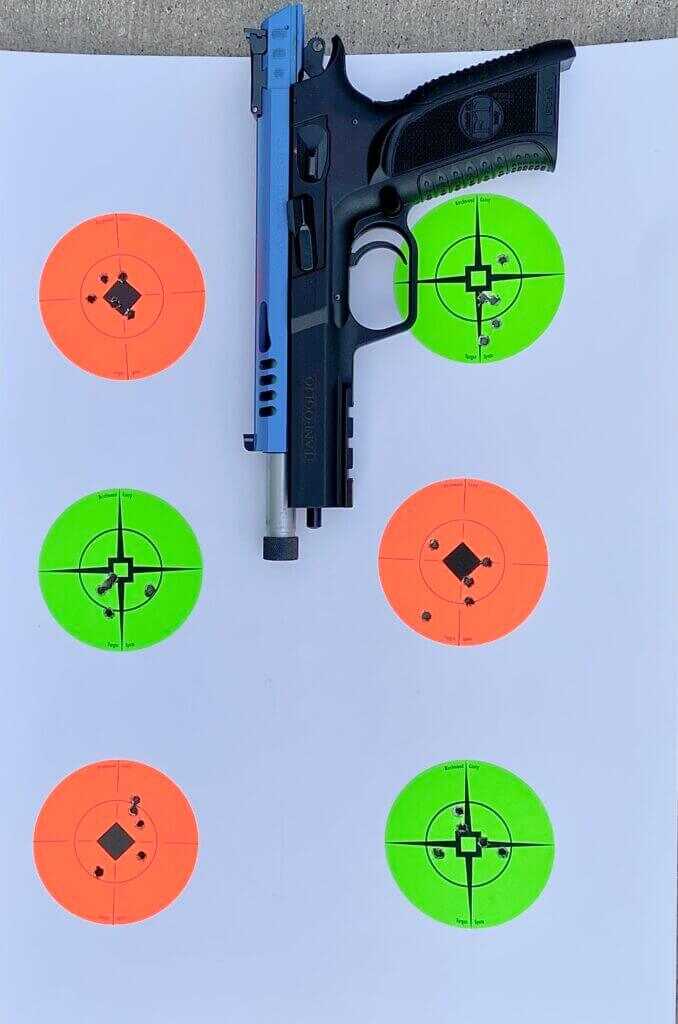 Force 22 TB with slide racked on Birchwood Casey Target Spots