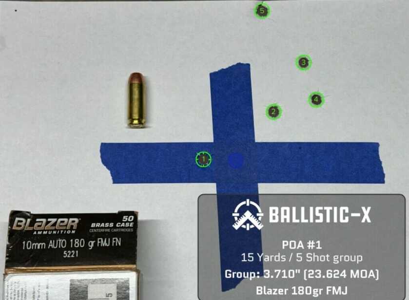 Five bullet holes are grouped on a target.