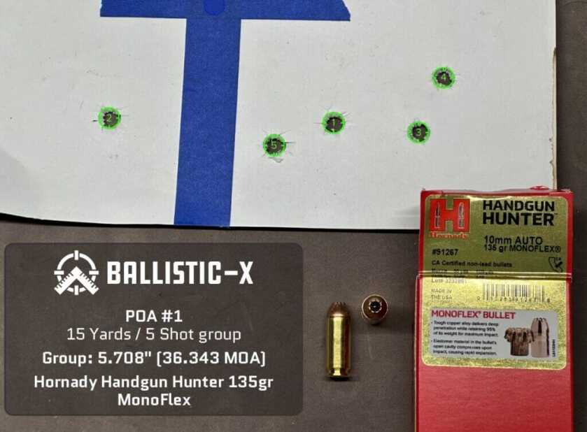 Five bullet holes are grouped on a target.