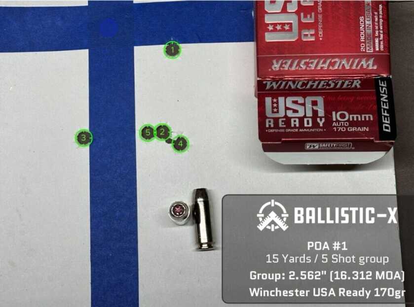 Five bullet holes are grouped on a target.