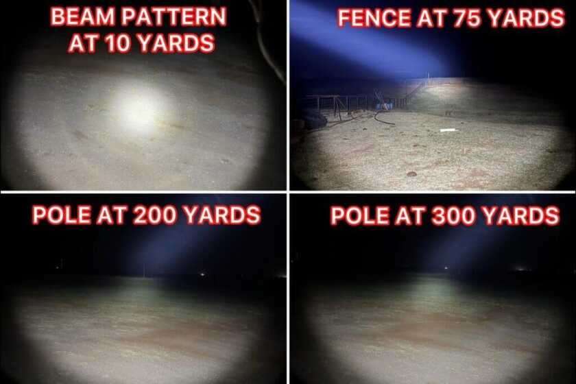 weapon light tested at different distances: labeled "Beam pattern at 10 yards," "fence at 75 yards," "pole at 200 yards," "pole at 300 yards"