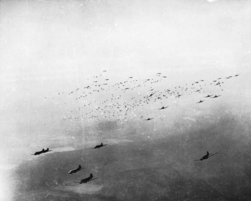 black and white aerial photo of Operation Varsity