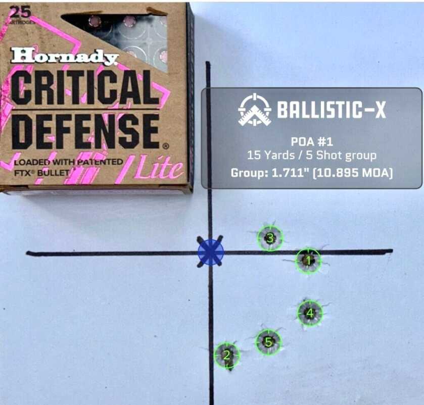 A used pistol target with a box of ammunition on top shows how accurate it is.