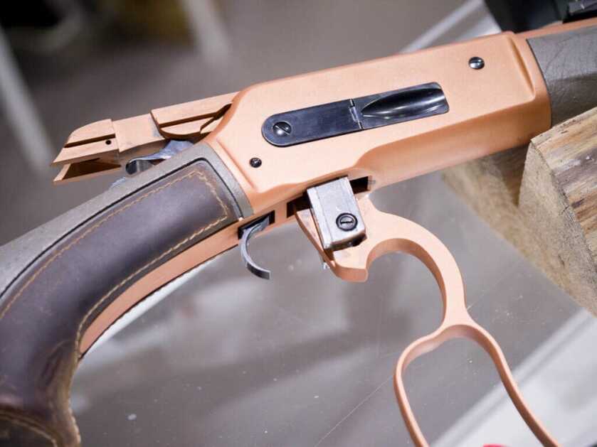 Close up of the receiver with the action open, facing right.