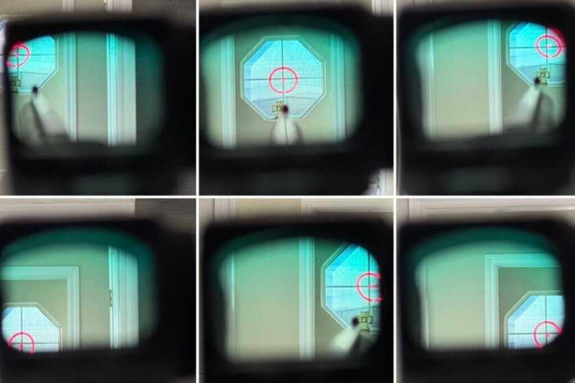 6 images showing different angles of a red dot reticle