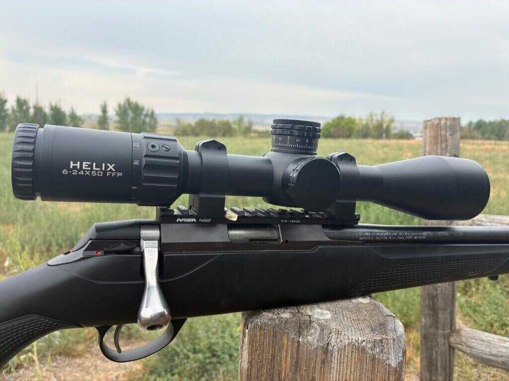 Element Helix Gen 2 6-24x50 FFP mounted for testing with APR-2D MRAD reticle