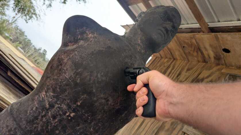 shoving the gun against the threat